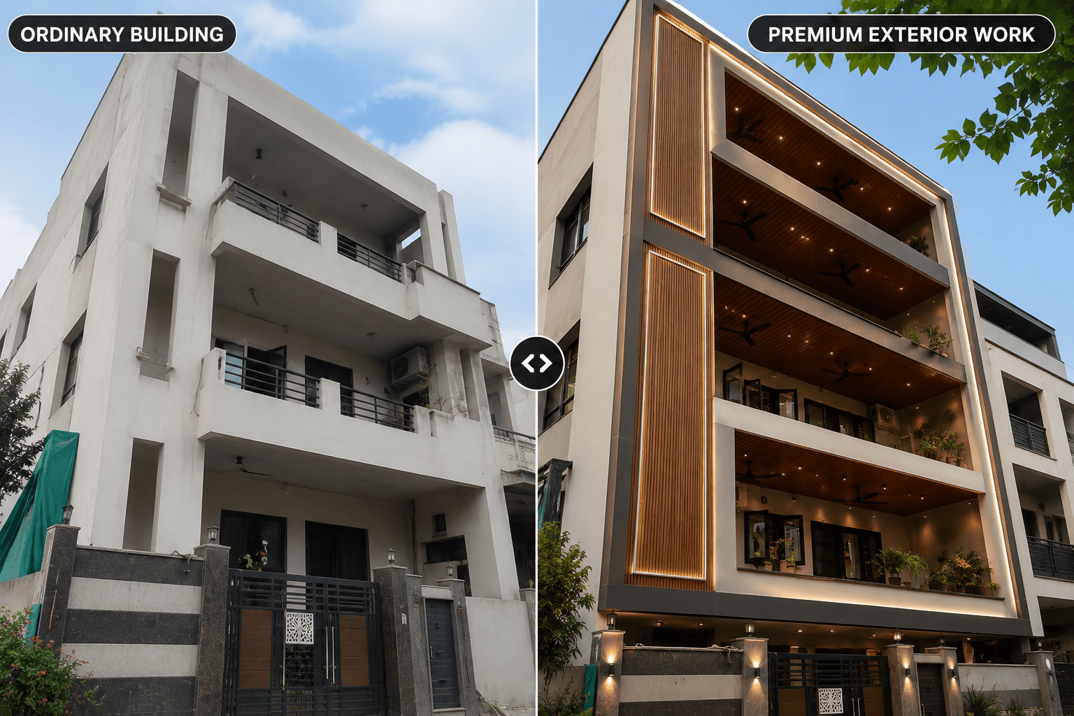 ACP exterior work completed on building facade - before and after elevation transformation in Delhi NCR